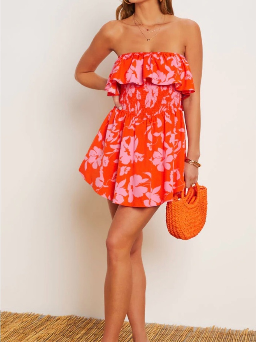 Vici Lilly Floral Smocked Strapless Ruffled Romper Mini Dress Shorts Attached